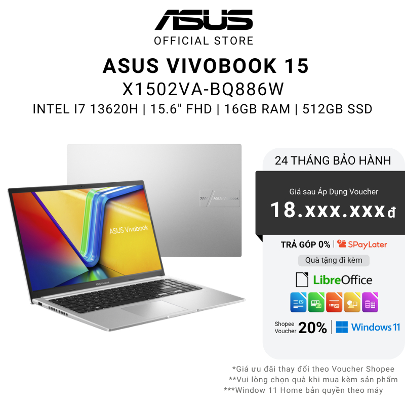 Laptop Asus Vivobook 15 X1502VA-BQ886W i7-13620H | 16GB RAM | 512GB SSD | Intel UHD | 15.6" | Win 11