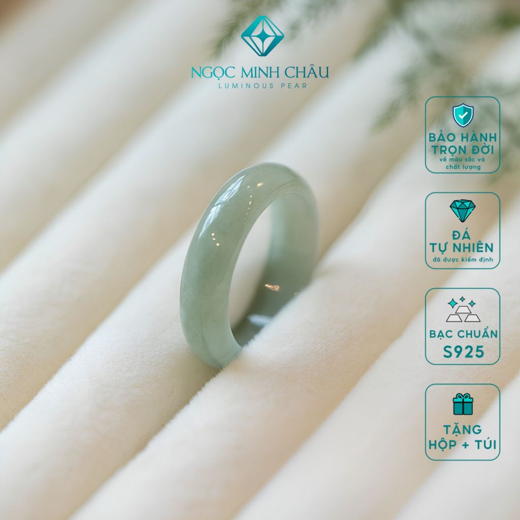 Nhẫn Phỉ Thúy Type A Thanh Lam Bạch Sắc Sơn Thuỷ, Chột Ú 4 tới 6 mm - Ngọc Minh Châu