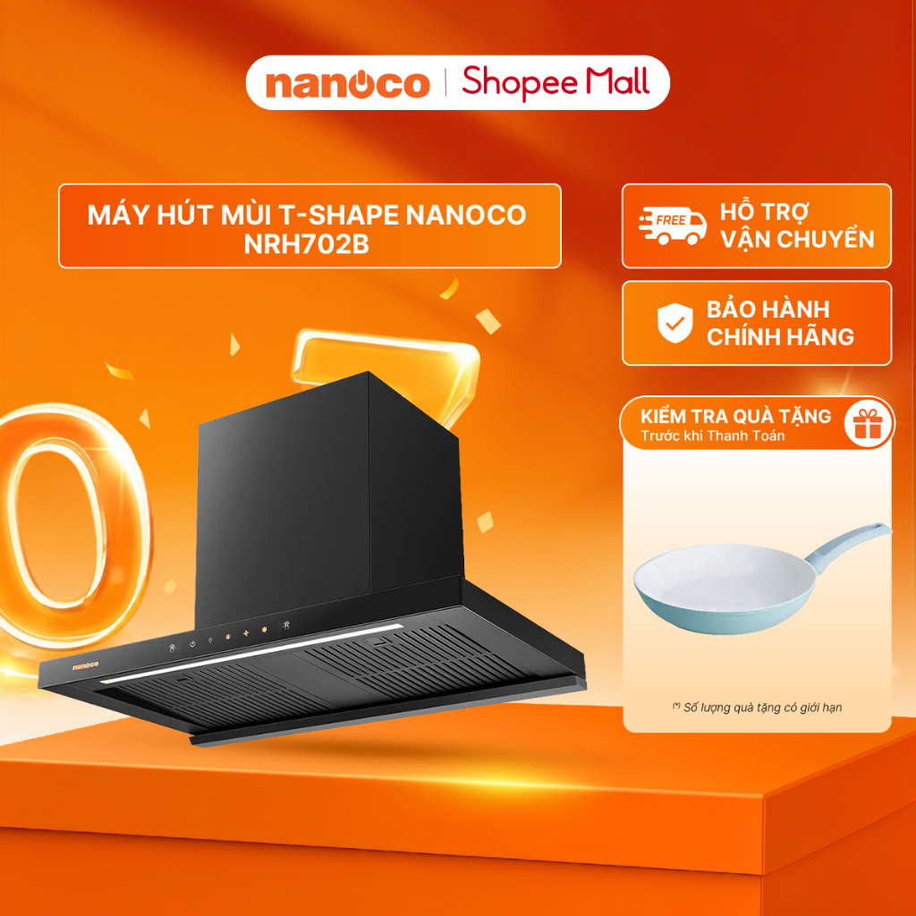 Máy hút mùi T-Shape 70 cm động cơ BLDC 100% dây đồng Nanoco model NRH702B (tấm lọc kim loại 2 vách n