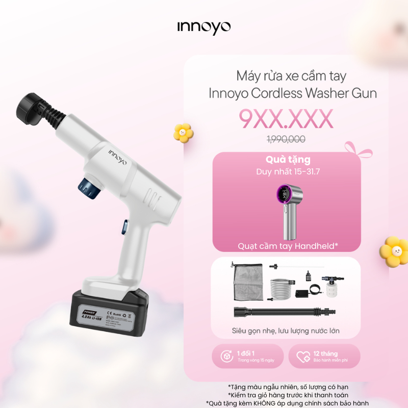 [TẶNG QUẠT FANS ICE] Máy rửa xe cầm tay áp lực cao Innoyo - Siêu gọn nhẹ, lưu lượng lớn - Bảo hành 1