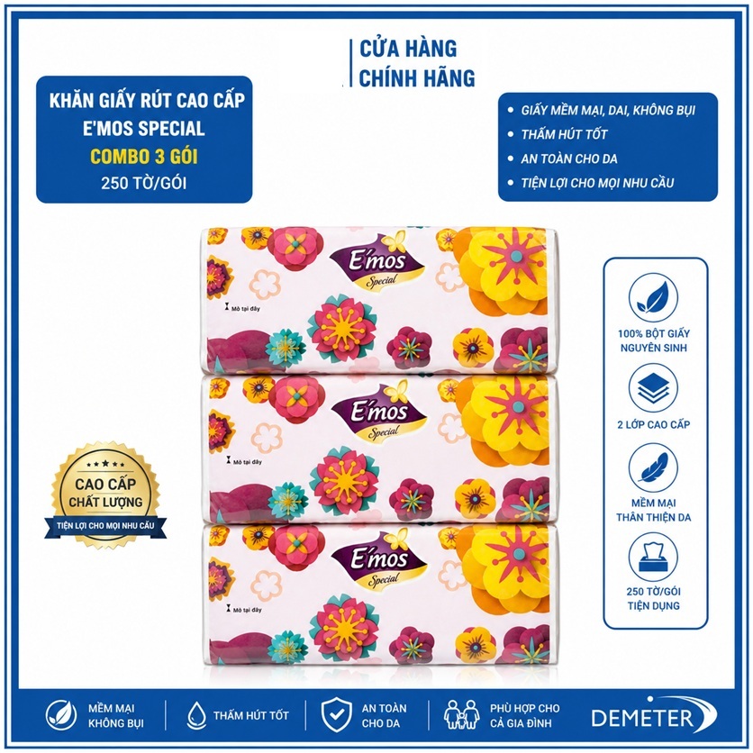 COMBO 3 Gói Khăn Giấy Rút Cao Cấp E'mos Special (250 tờ/Gói)