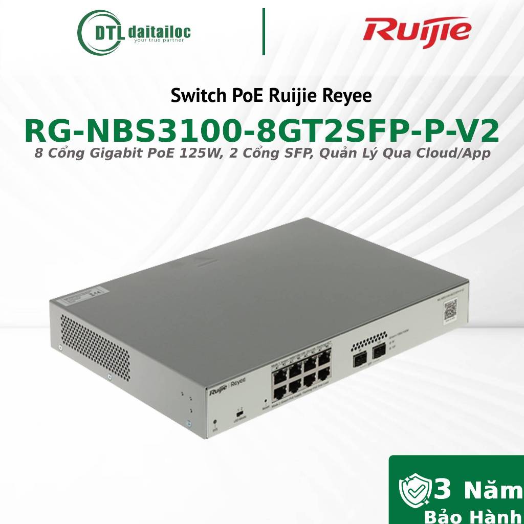Switch PoE Ruijie Reyee RG-NBS3100-8GT2SFP-P-V2 - 8 Cổng Gigabit PoE 125W, 2 Cổng SFP  / Chính Hãng 