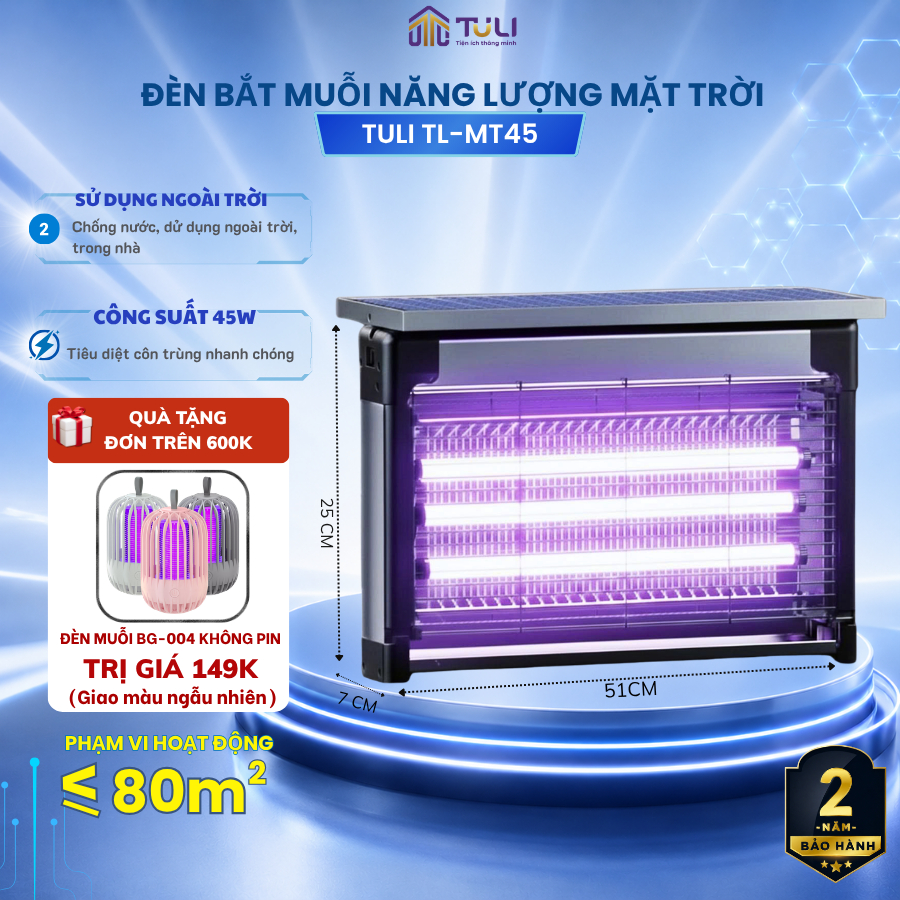 Đèn Bắt Muỗi Năng Lượng Mặt Trời TULI TL-MT45, Chống Nước, 3 Đèn Led Sáng, Cho Sân Vườn, BH 2 Năm
