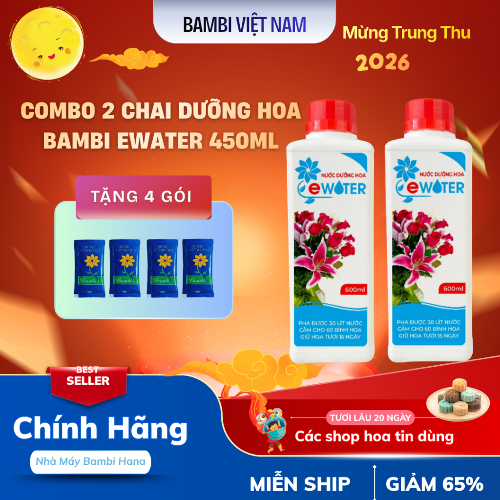 Tặng 4 Gói Bambi - Combo 2 Chai Nước dưỡng hoa Bambi Ewater 600ml Giúp Hoa Tươi Lâu Đến 20 Ngày
