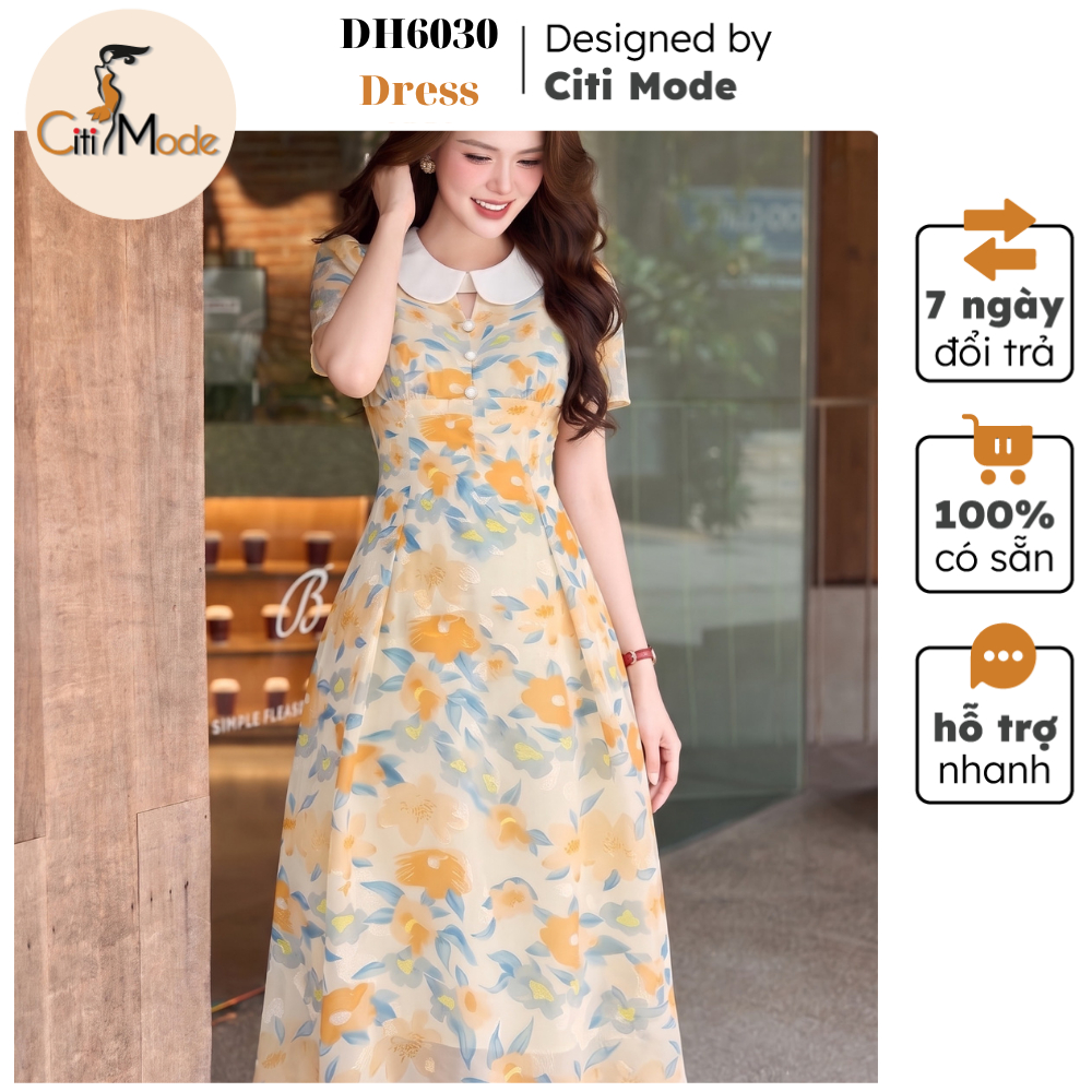 Đầm công sở CITI MODE FASHION thiết kế Đầm xòe cam xanh cổ sen giọt lệ DH6030