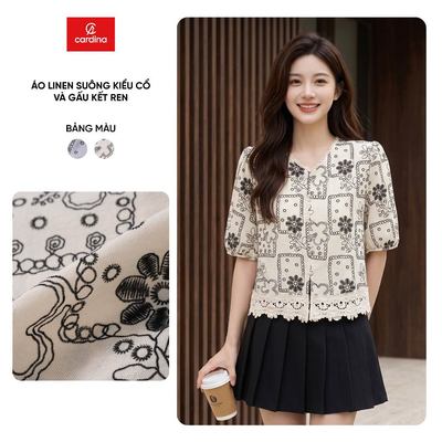 Áo sơ mi nữ CARDINA chất liệu Linen tay cộc cổ và gấu áo phối ren 6AKC55
