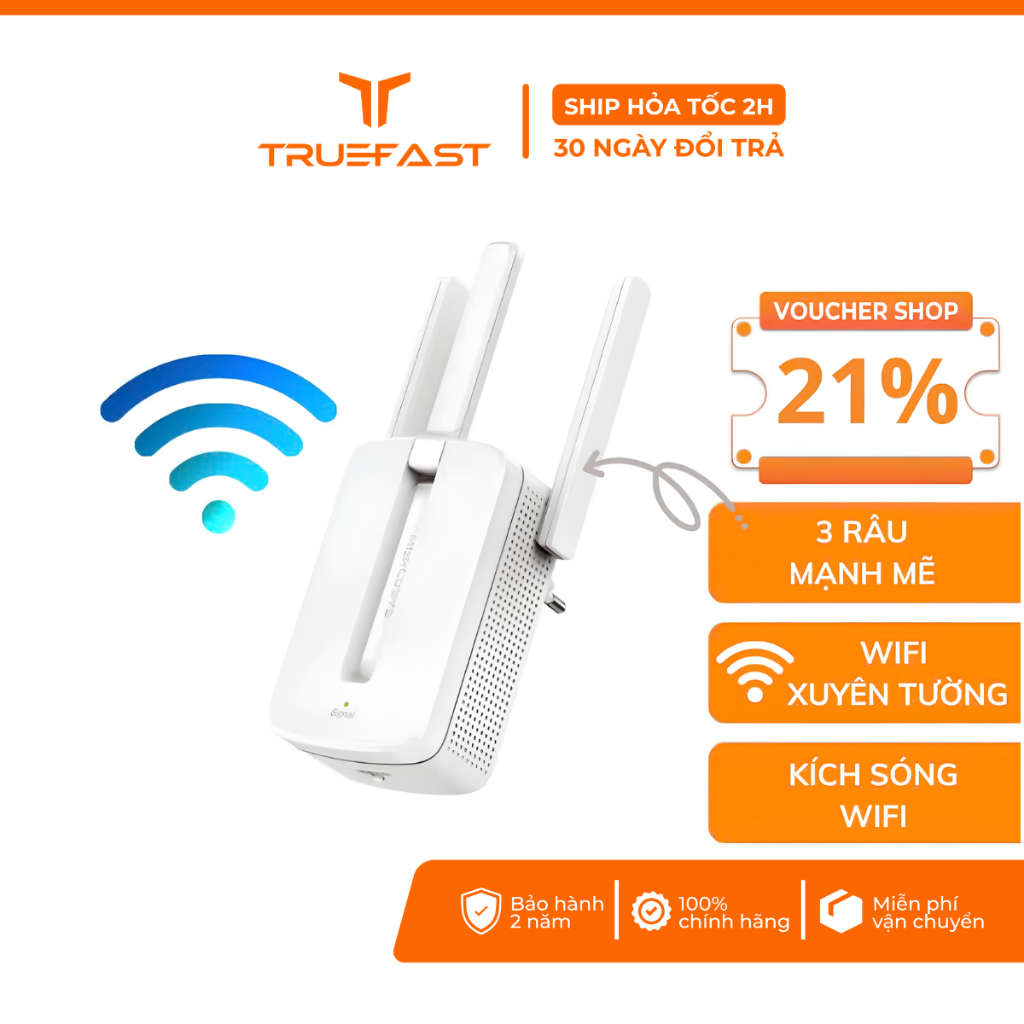 Bộ Kích Sóng WiFi Mercusys MW300RE N300 300Mbps Repeater WiFi 3 Râu Chính Hãng - TrueFast