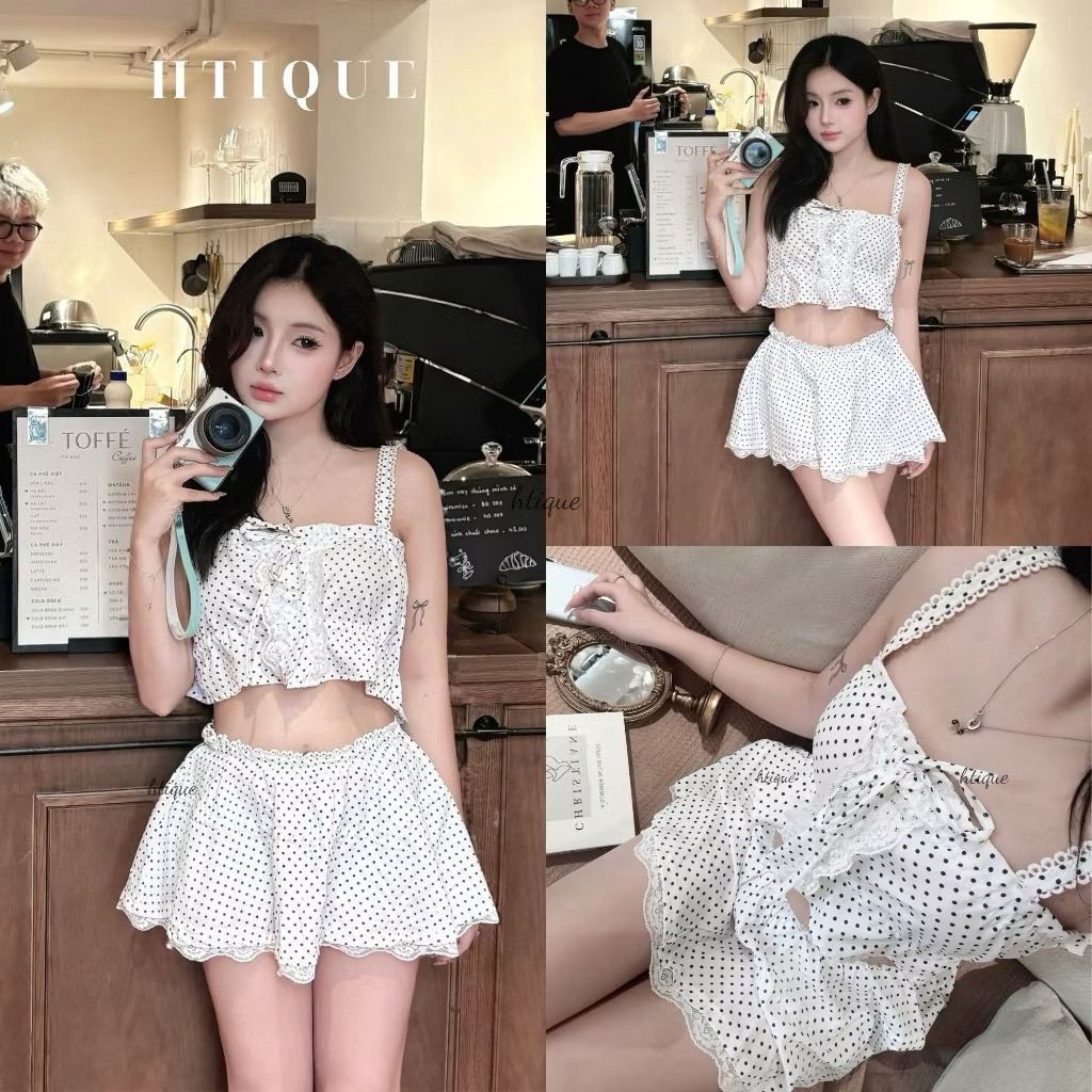 [Thanh lý] Set hai dây chấm bi dáng xoè HTIQUE NEW TAG (ảnh thật_Đọc kỹ mô tả)