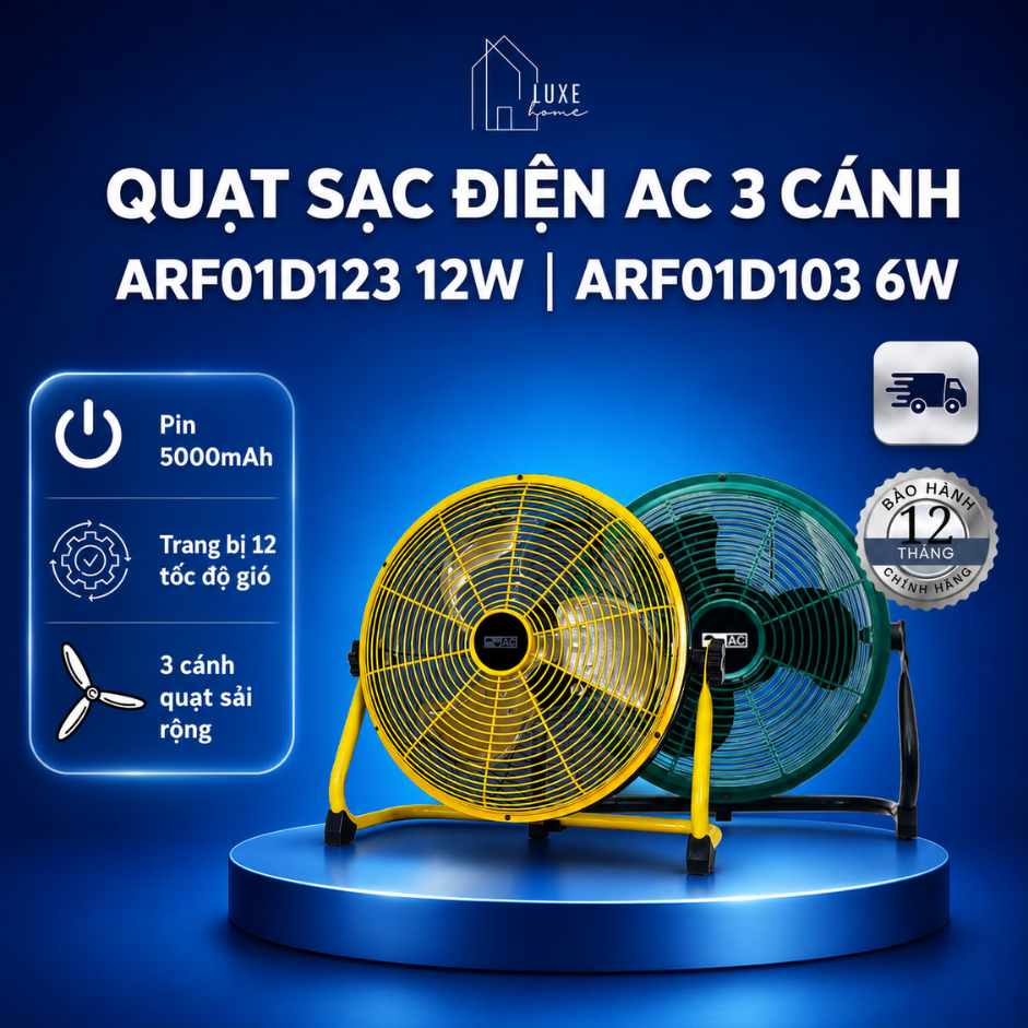 Quạt sạc điện AC 3 cánh ARF01D123 12W |ARF01D103 6W - Bảo hành 1 năm