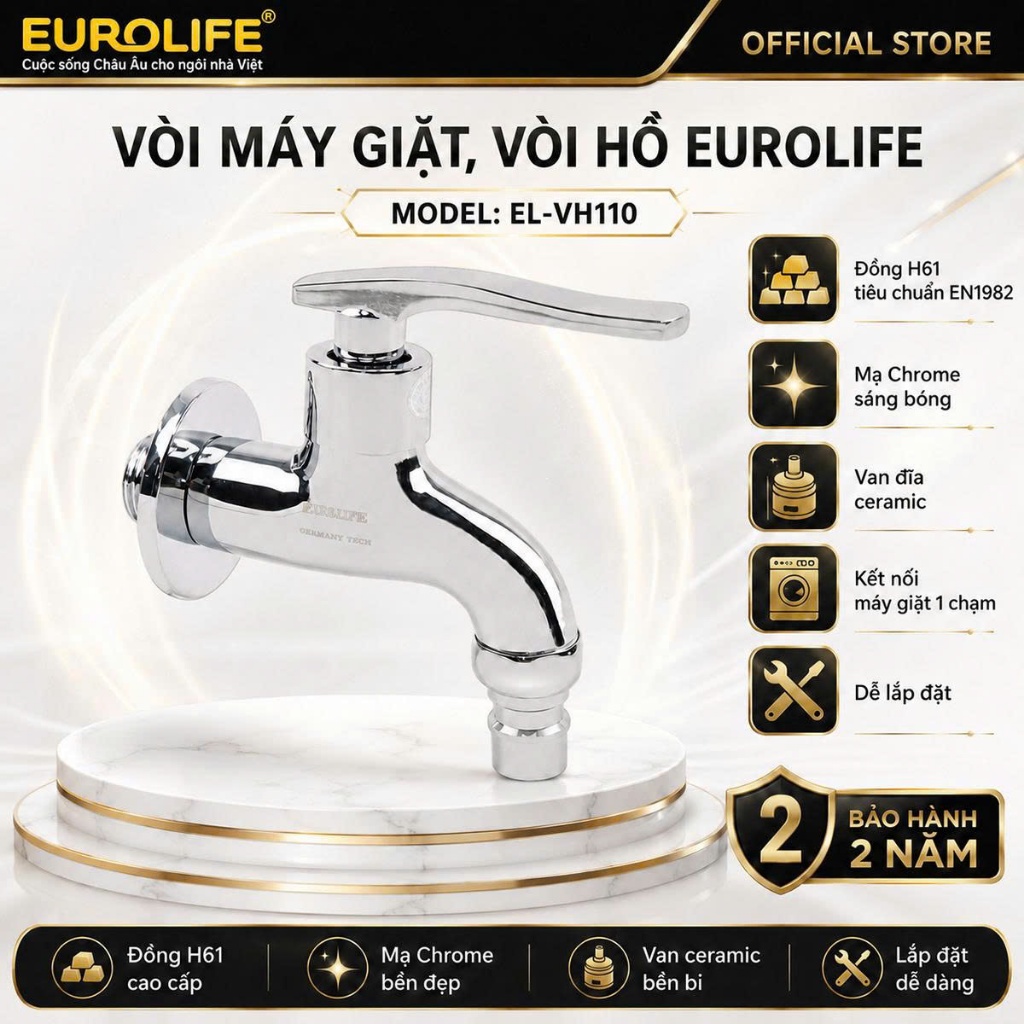 Vòi hồ - vòi máy giặt Eurolife EL-VH110 (Trắng bạc)