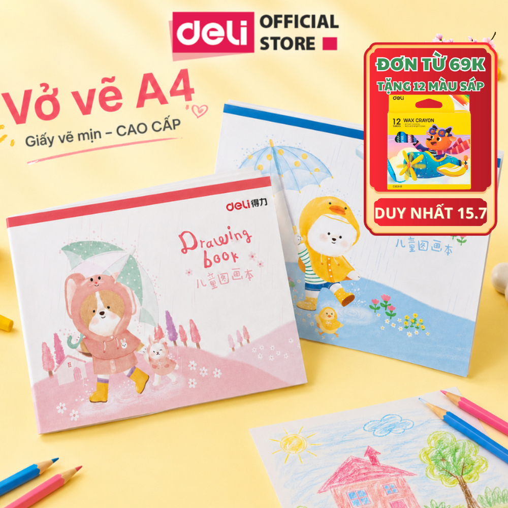 [🔥ĐỦ SIZE] Vở Vẽ Học Sinh Tô Màu Cho Bé A4/B5 Deli 150Gsm - Sổ Tô Màu Sổ Vẽ học sinh Giấy Dày Mịn Ch