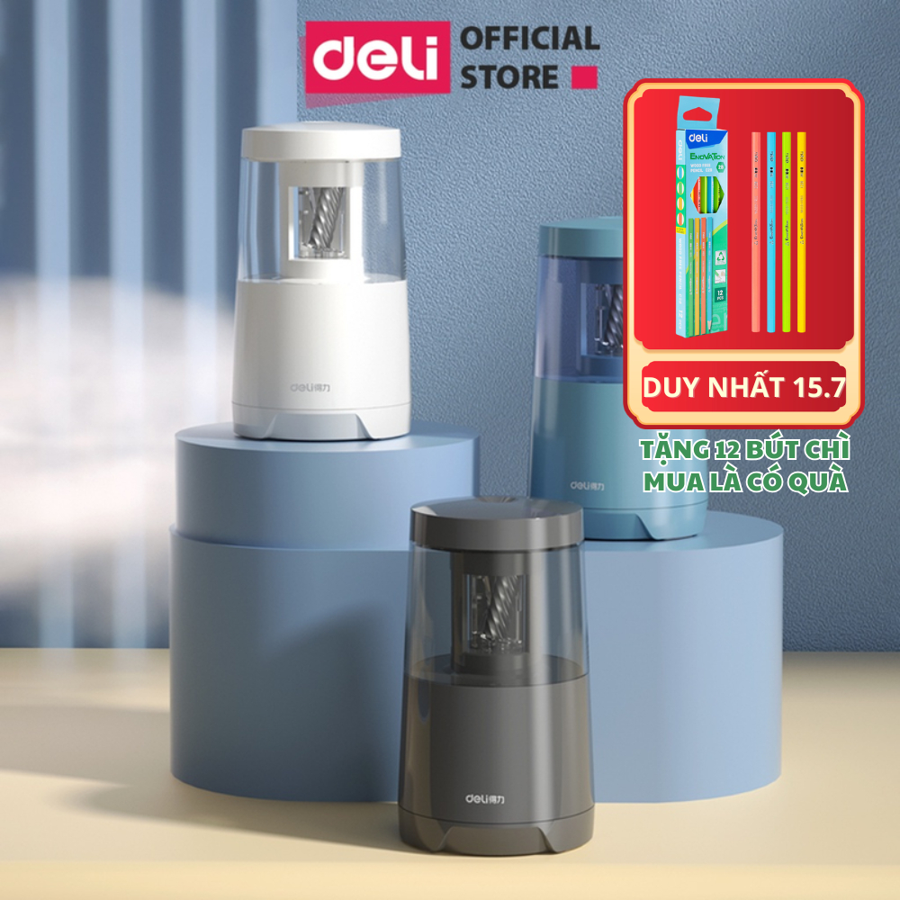 [TẶNG 12 BÚT CHÌ] Gọt bút chì điện tự động Deli tiện lợi, an toàn và bảo vệ người dùng, màu sắc hiện