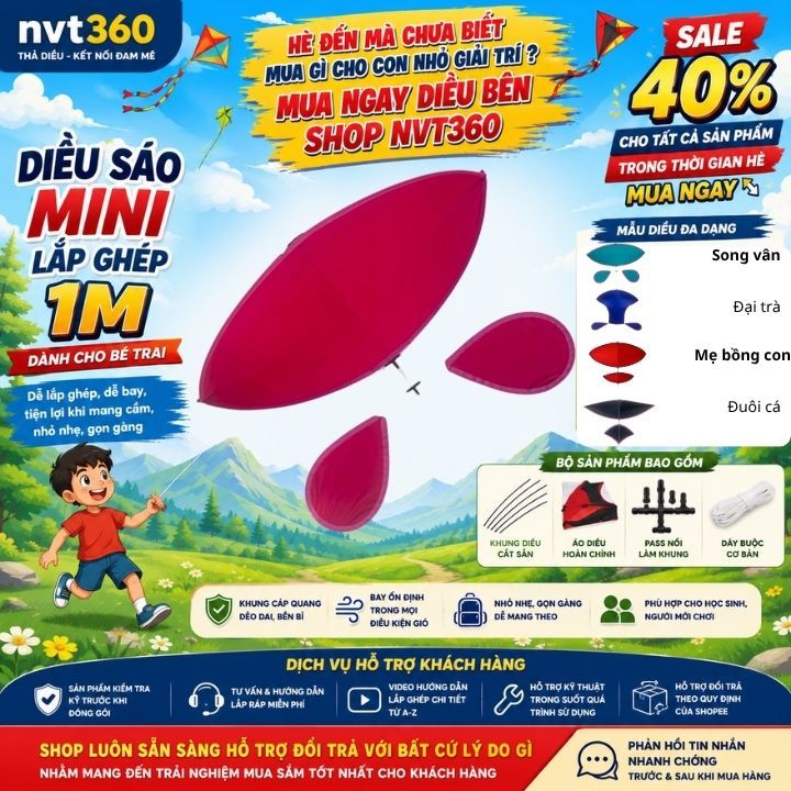 Diều Sáo Mini - Diều Sáo 1m (tặng kèm áo và pass nối) Diều Lắp Ghép Song Vân, Đuôi Cá, Đại Trà Giá R