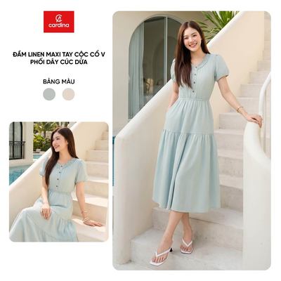 Đầm maxi nữ CARDINA chất liệu linen tay cộc cổ V phối dây cúc dừa 6VXM05