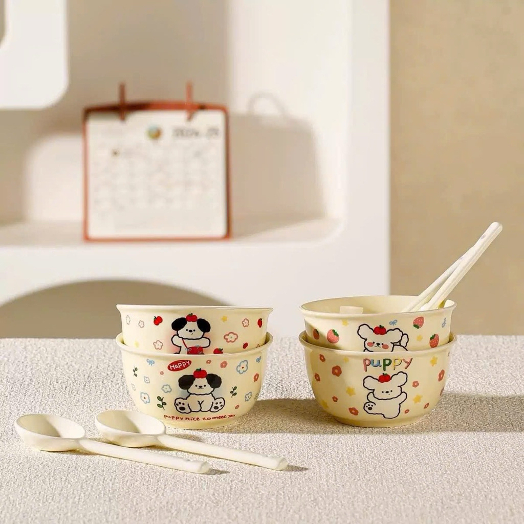 ( Mã Mới )   Set 4 Chi Tiết Bát Sứ 2 Bát 2 Thìa Hình Cún, Hình Nơ Dễ Thương, Cute- Bát Sứ cho bé dễ 