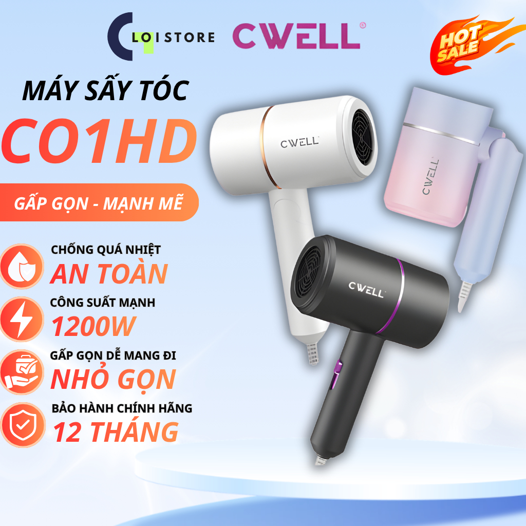 Máy sấy tóc mini CWELL gấp gọn 2 chiều nóng lạnh C01HD, công suất 1200W