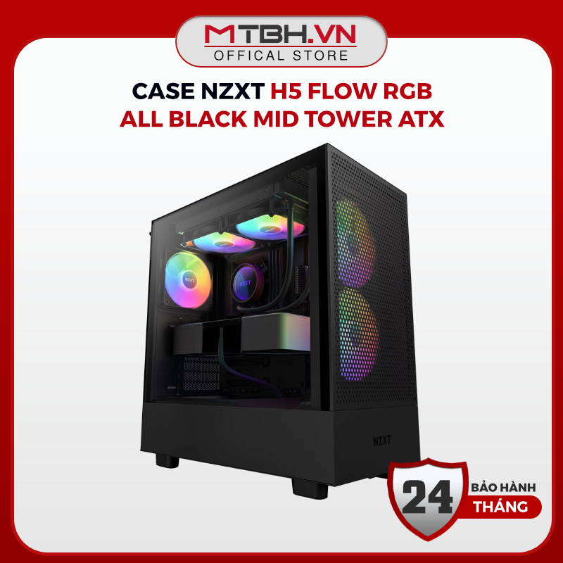 Case NZXT H5 Flow RGB All Black Mid Tower ATX, Kính Cường Lực, 2 Quạt RGB, Hỗ Trợ Radiator 360mm, Ai