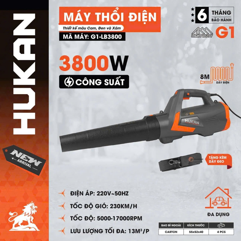 Máy thổi lá dùng điện HUKAN G1-LB3800 Công suất 3800W,6 cấp chỉnh gió,Dây điện dài 8M
