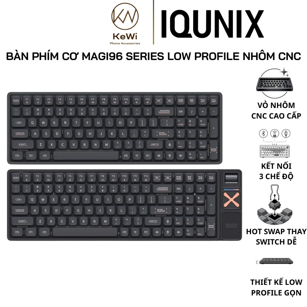 Bàn Phím Cơ IQUNIX Magi96 / Magi96 Pro Low Profile Vỏ Nhôm CNC, Kết Nối Bluetooth 5.1, 2.4GHz, USB-C