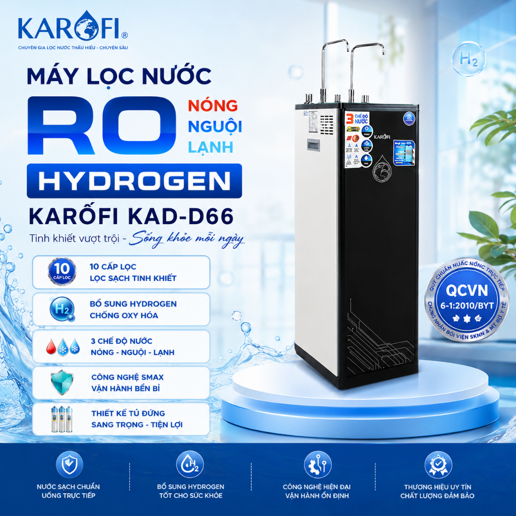 Máy Lọc Nước Hydrogen Karofi KAD-D66 10 Lõi 3 Chế Độ Nước Nóng Nguội Lạnh - Uống Trực Tiếp - D66