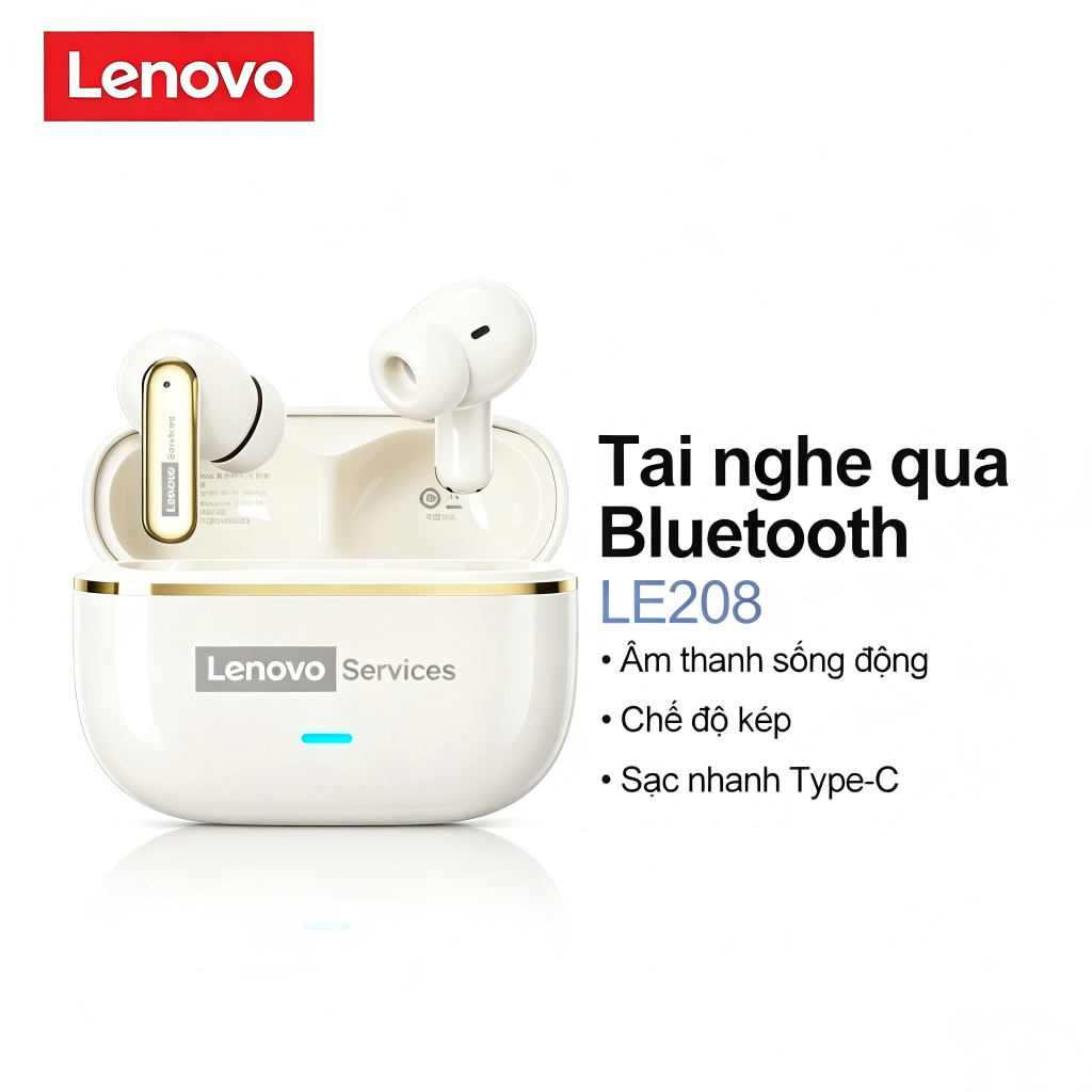 Tai nghe Bluetooth Lenovo LE208 True Wireless, âm thanh HIFI, chống nước IPX5, Bluetooth 6.0, màu đe