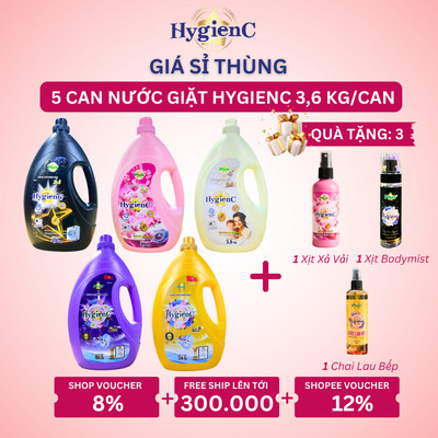 [SỈ THÙNG] Combo 5 Can Nước Giặt Đậm Đặc HygienC Plus 3,6 Kg/Can - Hương Nước Hoa, Làm Sạch Vết Bẩn