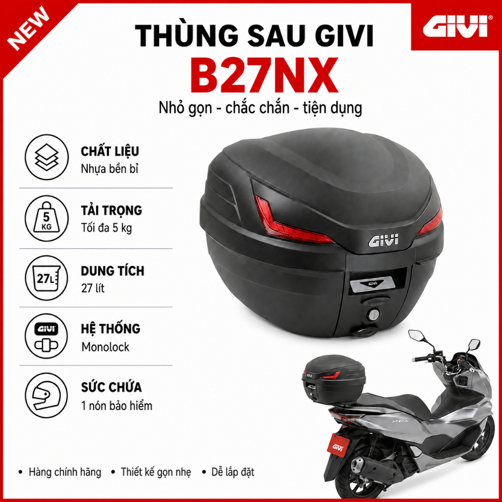 Thùng Sau Givi B27NX - Thùng Givi Chính Hãng 27L Gắn Sau Xe Máy - Bạn Phượt