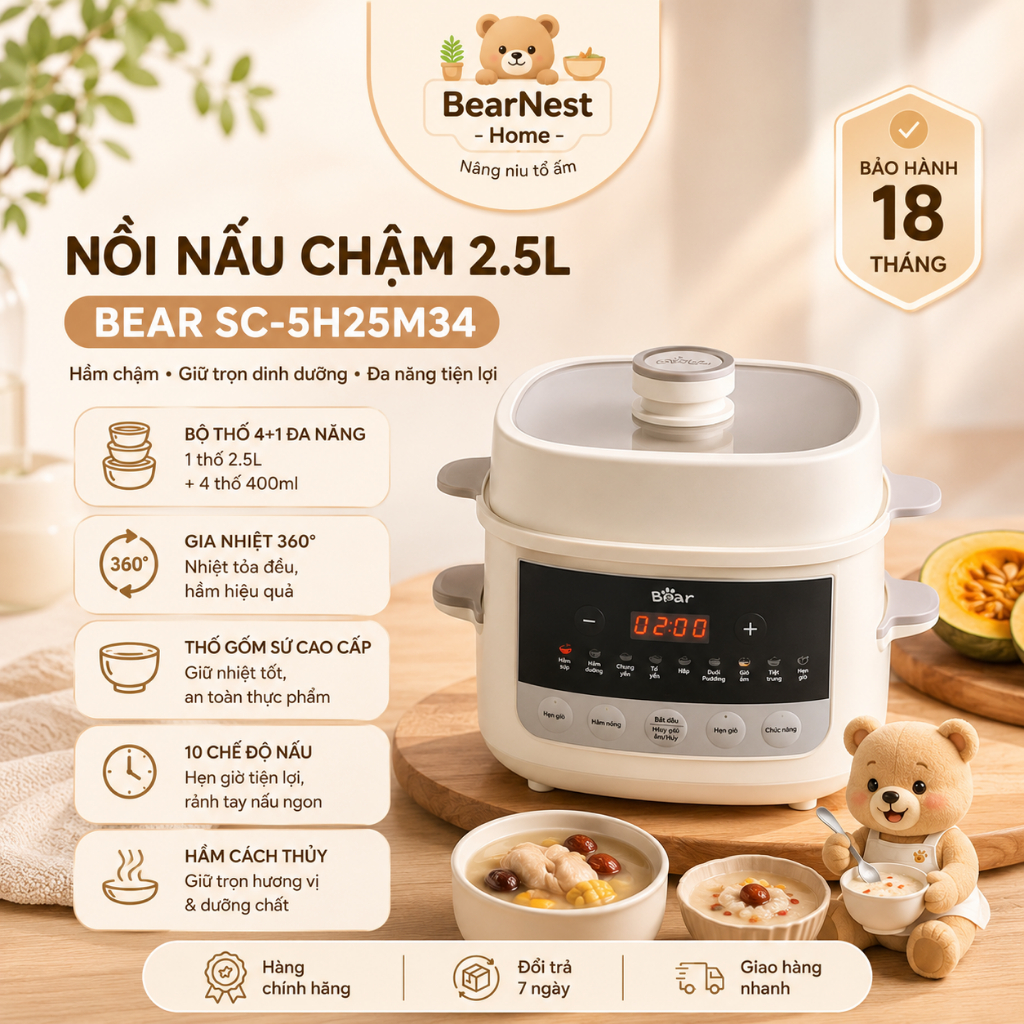 Nồi nấu chậm Bear 2.5L SC-5H25M34 nấu cháo hầm canh chưng yến tiện lợi