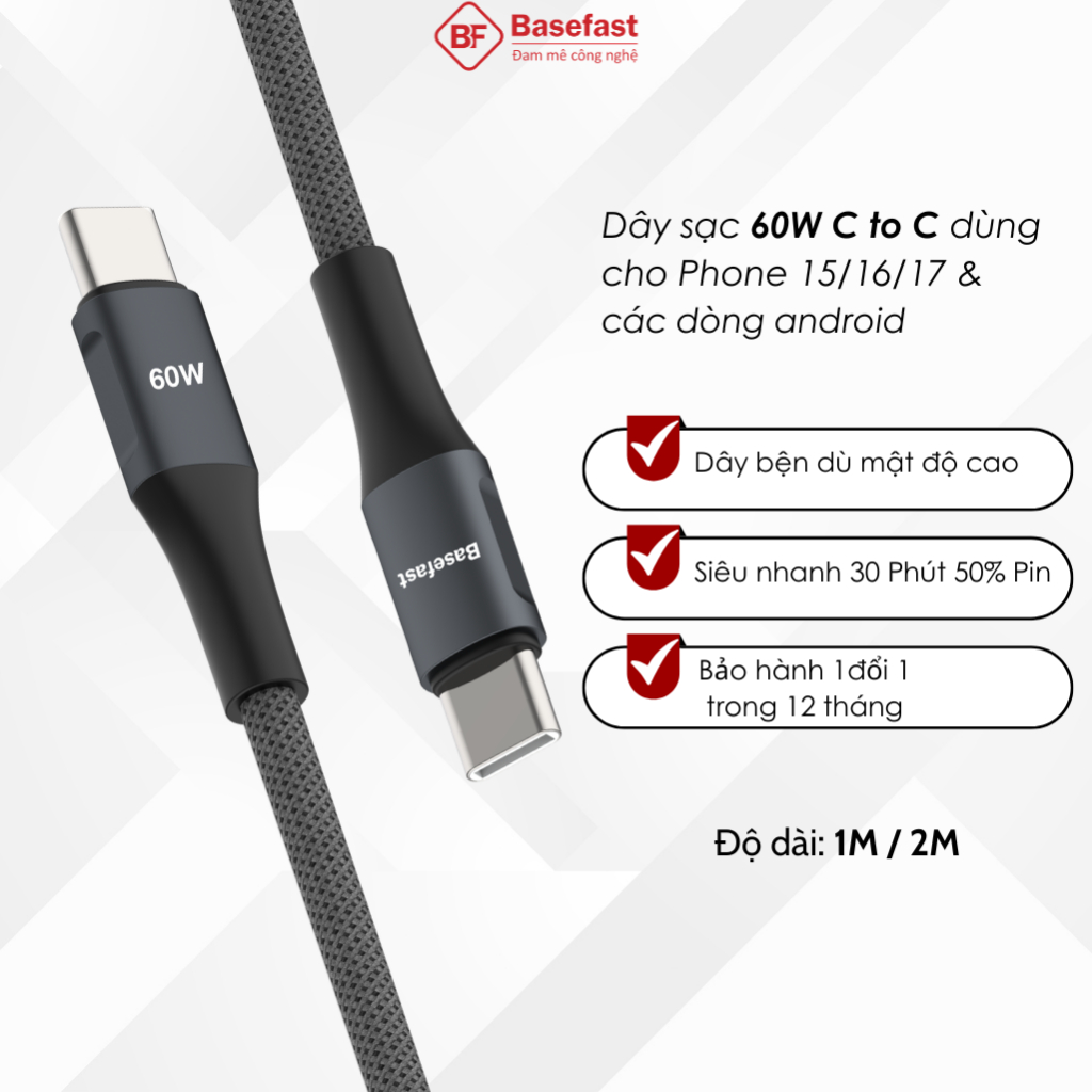 Cáp sạc nhanh Type C 60W Basefast dây bọc dù 1m 2m C to C dùng cho Phone 15 16 17 samsung xiaomi