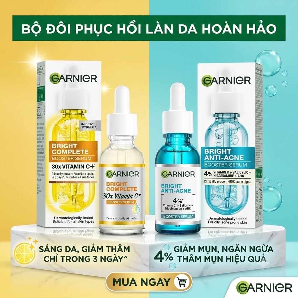 Serum Garnier Giảm Mụn Mờ Thâm Cho Da Dầu, Mụn 30ml Bright Anti-Acne Booster Serum - Cosme
