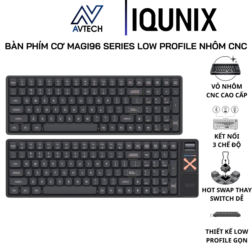 Bàn Phím Cơ IQUNIX Magi96 / Magi96 Pro Low Profile Vỏ Nhôm CNC, Kết Nối Bluetooth 5.1, 2.4GHz, USB-C