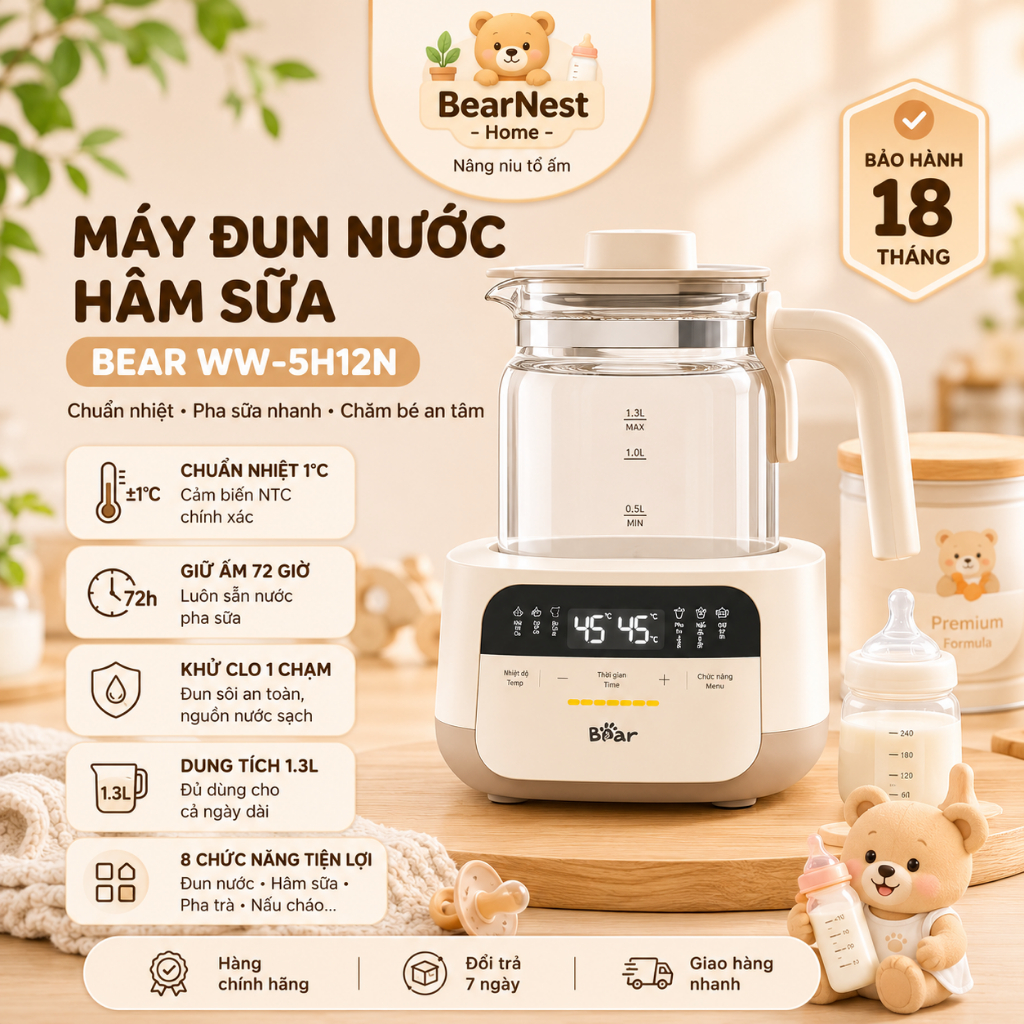 Máy đun nước hâm sữa Bear WW-5H12N đa năng giữ nhiệt pha sữa an toàn cho bé