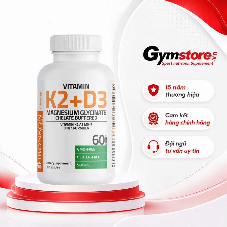 Viên uống Bronson Vitamin K2 + D3 & Magnesium Glycinate, 60 viên, hỗ trợ xương khớp, tim mạch