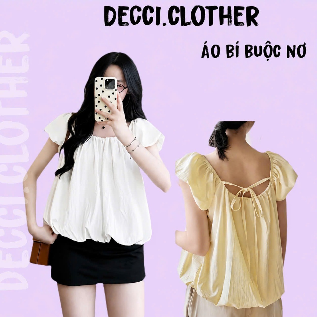 Áo nữ tay bồng cổ rộng dáng bí xinh xắn áo kiểu nữ thiết kế dây nơ mặc được nhiều kiểu hottrend-A38