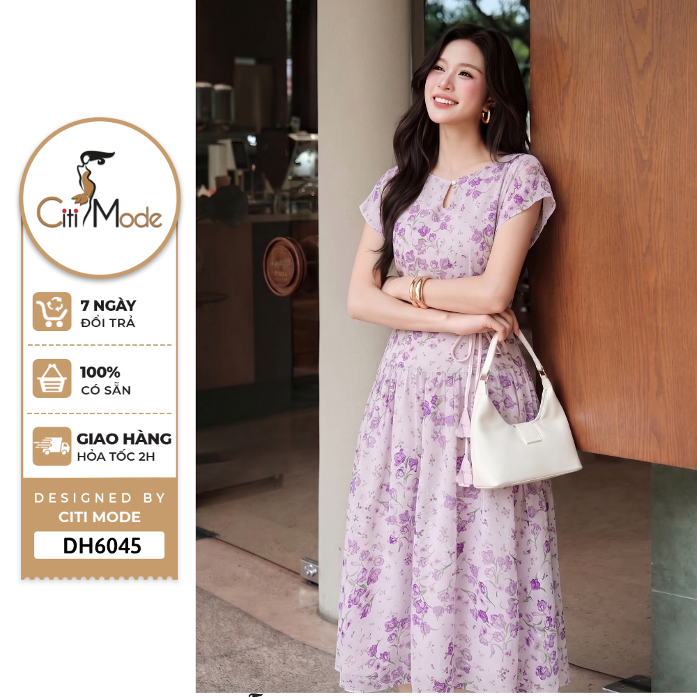 Đầm công sở CITI MODE FASHION thiết kếĐầm xòe tím cổ giọt lệ đai thắt eo DH6045