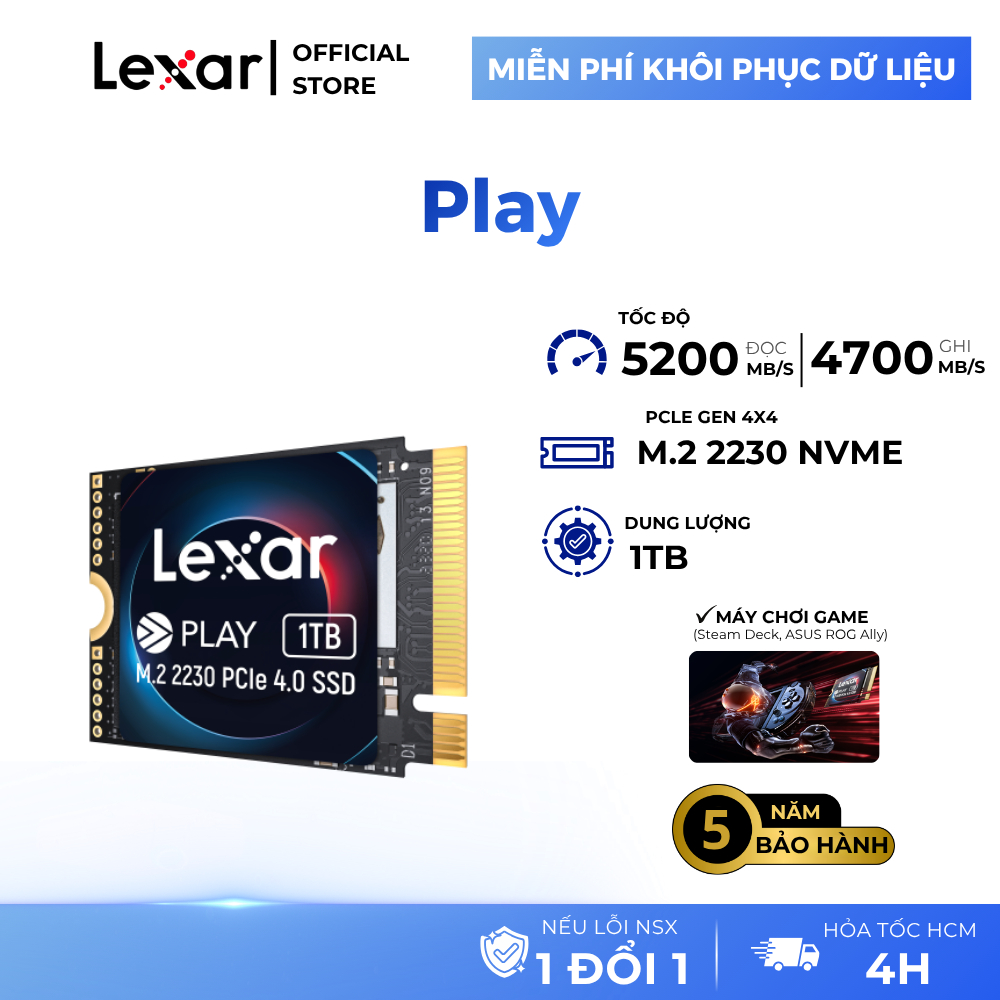 [TẶNG ADAPTER CHUYỂN ĐỔI 2230 SANG 2280] Ổ Cứng Gắn Trong SSD Lexar PLAY M.2 2230 NVMe PCIe Gen4x4 1