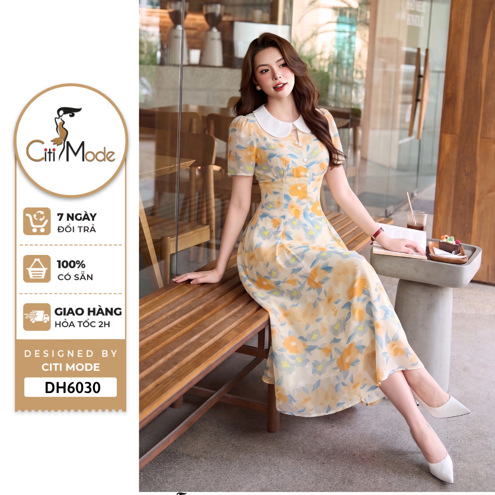 Đầm công sở CITI MODE FASHION thiết kế Đầm xòe cam xanh cổ sen giọt lệ DH6030