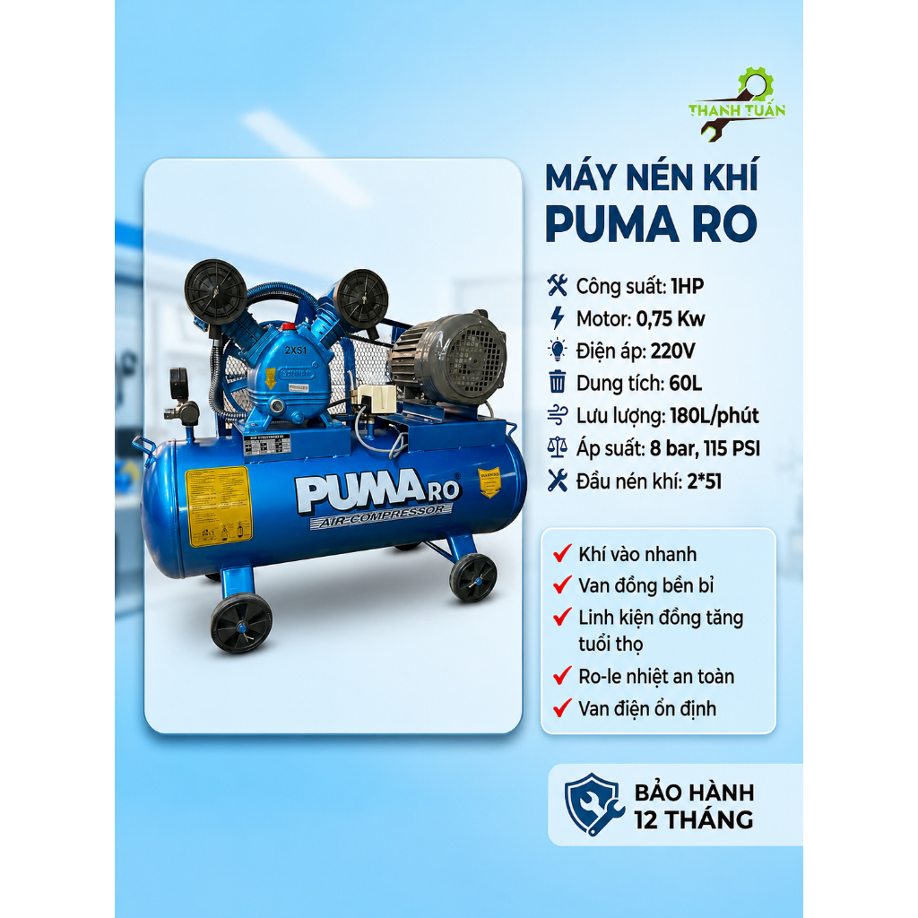 Máy Nén Khí PUMA RO Công suất: 1HP - 0*75 KW - 60Lit