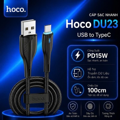 Cáp sạc đèn Led PD15W Hoco DU23 Type-C dây dẻo cao cấp cho 15 Trở lên/Android dài 1M