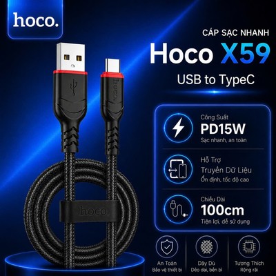 Cáp sạc nhanh PD15W USB to Type-C Hoco X59 dùng cho 15 trở lên/Android hỗ trợ truyền dữ liệu dài 1M
