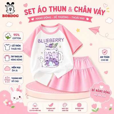 BOBDOG sét váy cho bé gái, váy bé gái chất vải cotton mềm mát, áo phông phối chân váy xòe in hình cute cho bé PV1