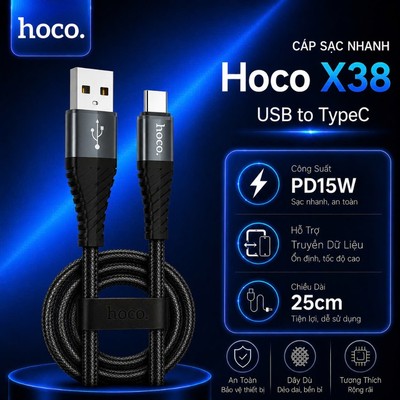 Cáp sạc nhanh PD15W USB to Type-C Hoco X38 truyền dữ liệu dây dù siêu bền cho Android/15 trở lên , dài 25cm