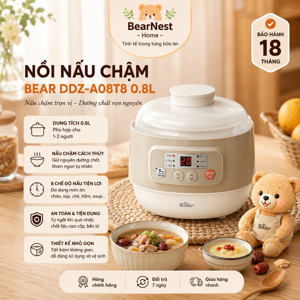 Nồi nấu chậm Bear DDZ-A08T8 0.8L mini nấu cháo chưng yến tiện lợi cho bé