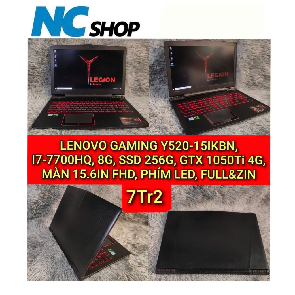 LAPTOP LENOVO GAMING Y520-15IKBN, I7-7700HQ, 8G, SSD 256G, GTX 1050Ti 4G, MÀN 15.6IN FHD, PHÍM LED, 