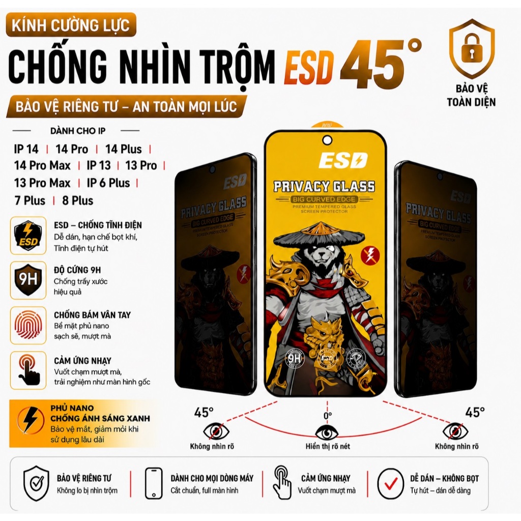 Kính cường lực chống nhìn trộm ESD cho IP 14 14 Pro 14 Plus 14 Pro Max IP 13 13 Pro 13 Pro Max IP 6 