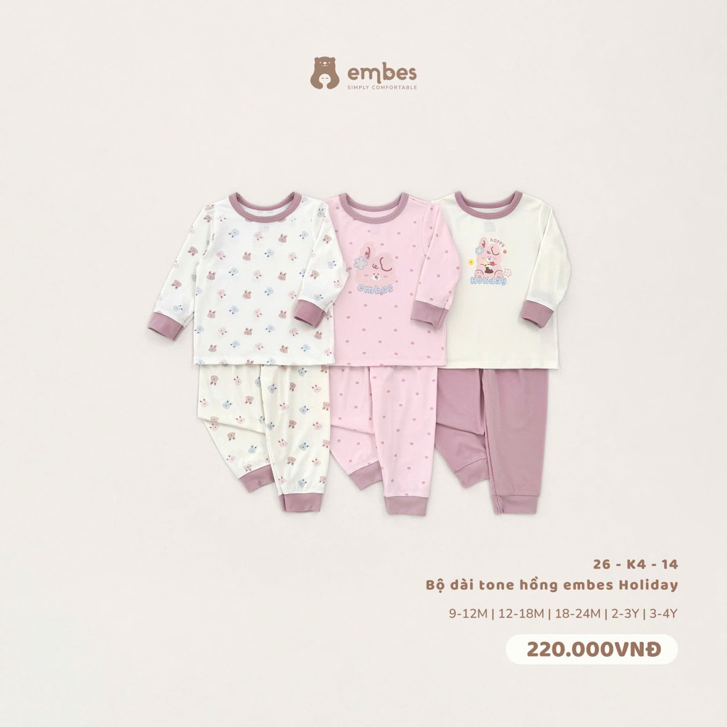 Bộ dài tay Embes tone hồng Embes Holiday cho bé gái. Đồ bộ dài tay thu đông bé gái BEO.Kids