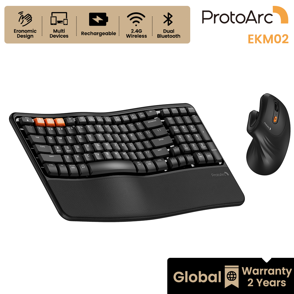 ProtoArc EKM02 Combo Bàn Phím Wave Keys Và Chuột Dọc EM11 NL, Bluetooth, Kê Tay, Pin Sạc - Đen