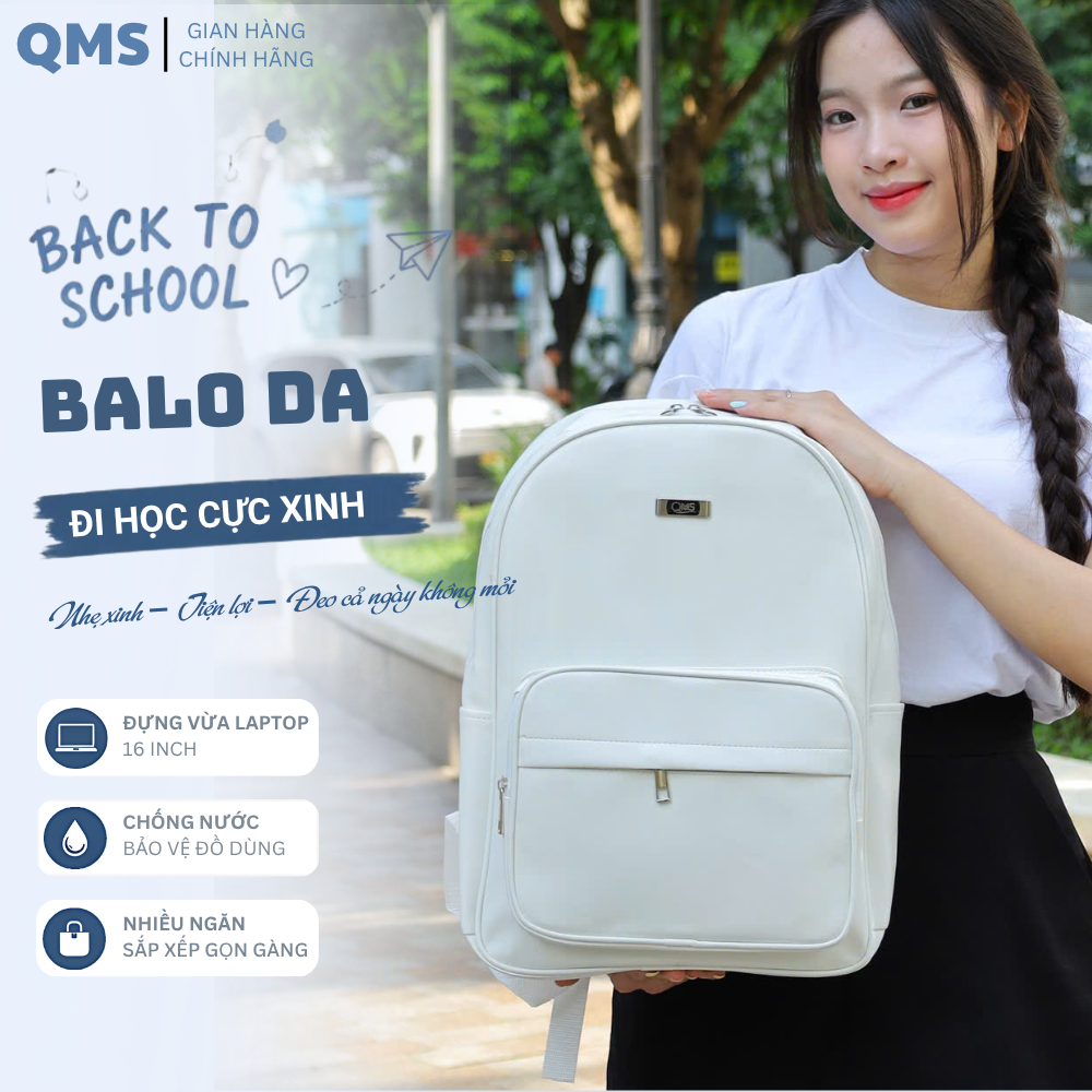 [QMS] Balo da PU unisex túi hộp, balo form cứng cáp chống nước, chống xước đựng laptop 16.5inch