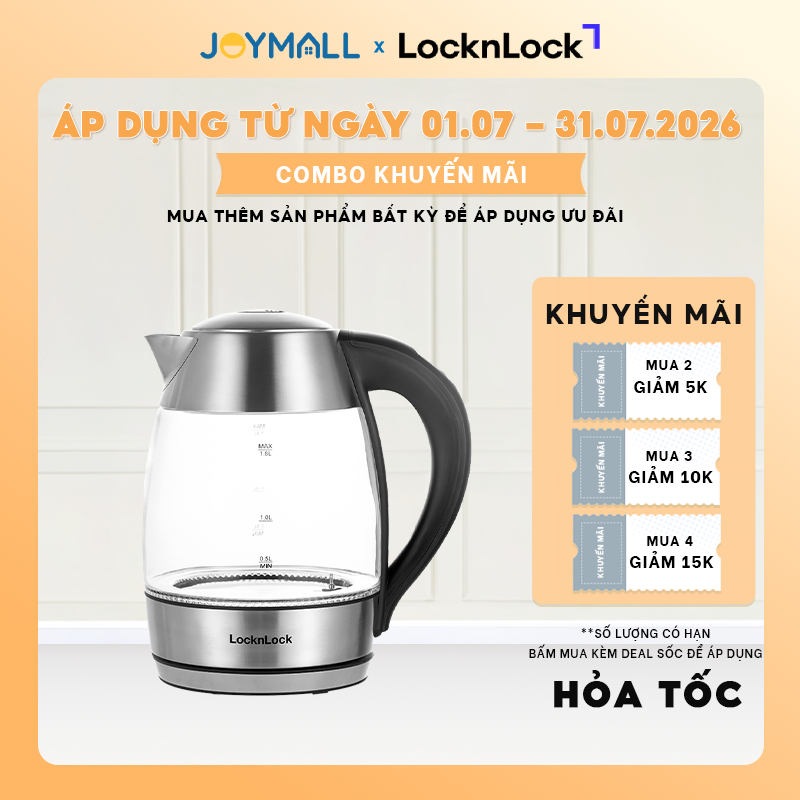 Ấm đun siêu tốc LocknLock thủy tinh EJK341 1.8L ,Hàng chính hãng có điều chỉnh nhiệt độ sôi -JoyMall