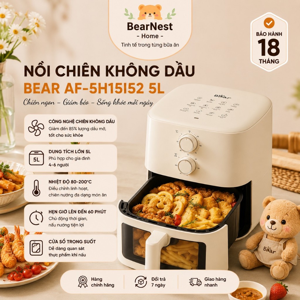 Nồi chiên không dầu Bear AF-5H15I52 5L chiên nướng giòn ngon ít dầu mỡ